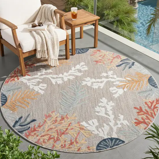 8' Beige And Orange Coral Round Rug Photo 7