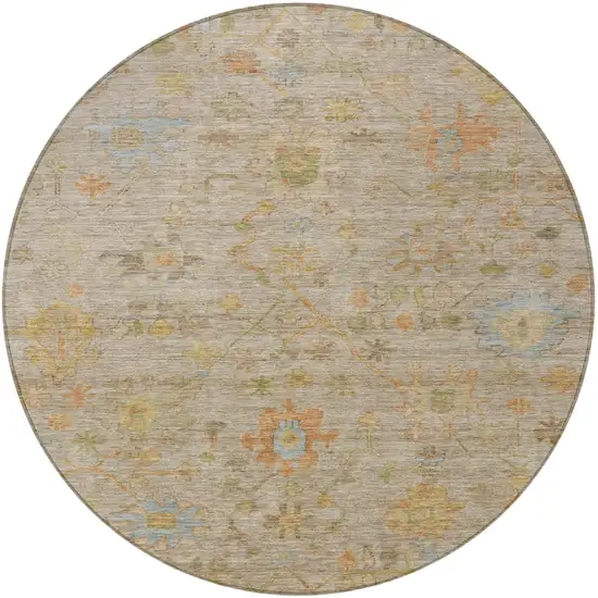 8' Beige And Orange Round Floral Washable Indoor Outdoor Area Rug Photo 3
