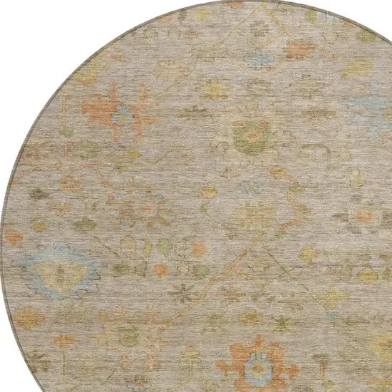8' Beige And Orange Round Floral Washable Indoor Outdoor Area Rug Photo 4