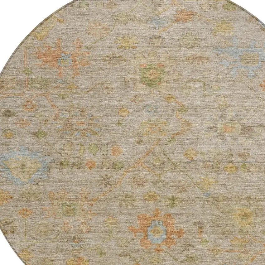 8' Beige And Orange Round Floral Washable Indoor Outdoor Area Rug Photo 9