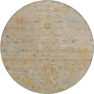 Photo of 8' Beige And Orange Round Floral Washable Indoor Outdoor Area Rug