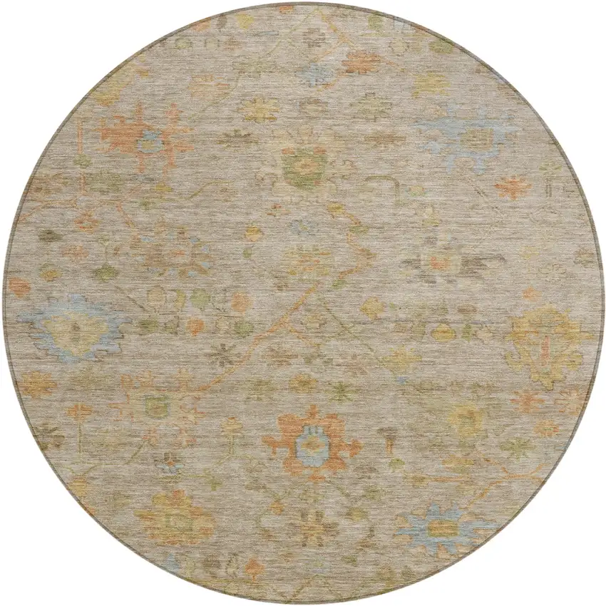8' Beige And Orange Round Floral Washable Indoor Outdoor Area Rug Photo 1