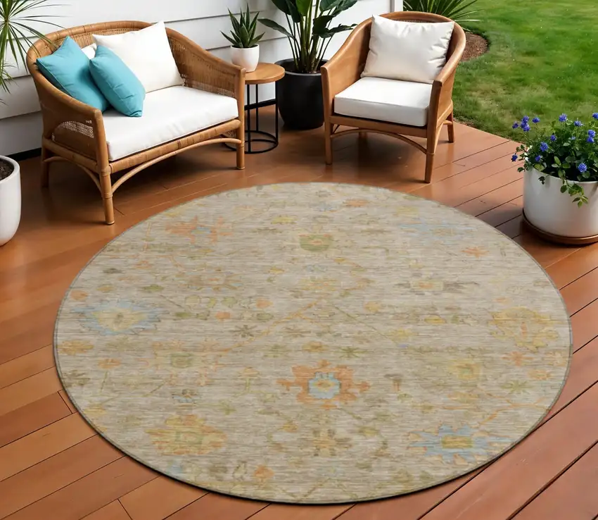 8' Beige And Orange Round Floral Washable Indoor Outdoor Area Rug Photo 2