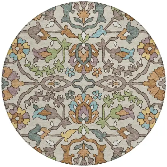 8' Beige And Orange Round Floral Washable Indoor Outdoor Area Rug Photo 3