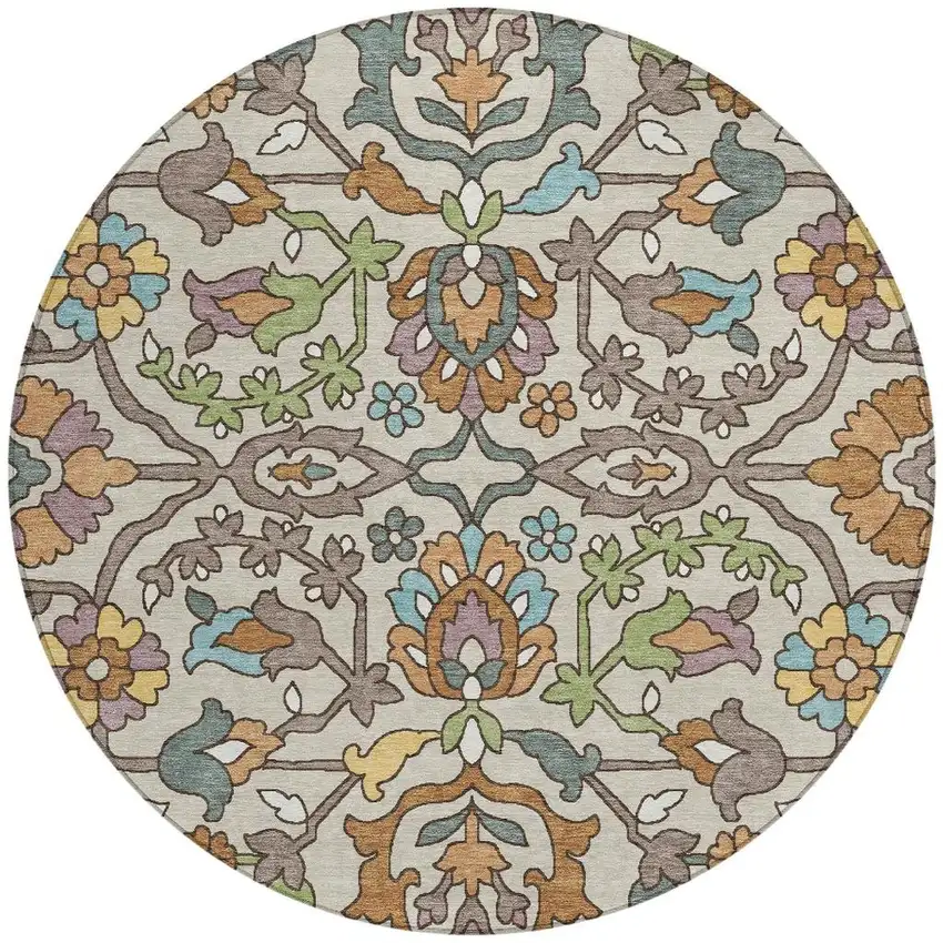 8' Beige And Orange Round Floral Washable Indoor Outdoor Area Rug Photo 3