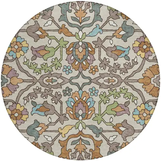 8' Beige And Orange Round Floral Washable Indoor Outdoor Area Rug Photo 1