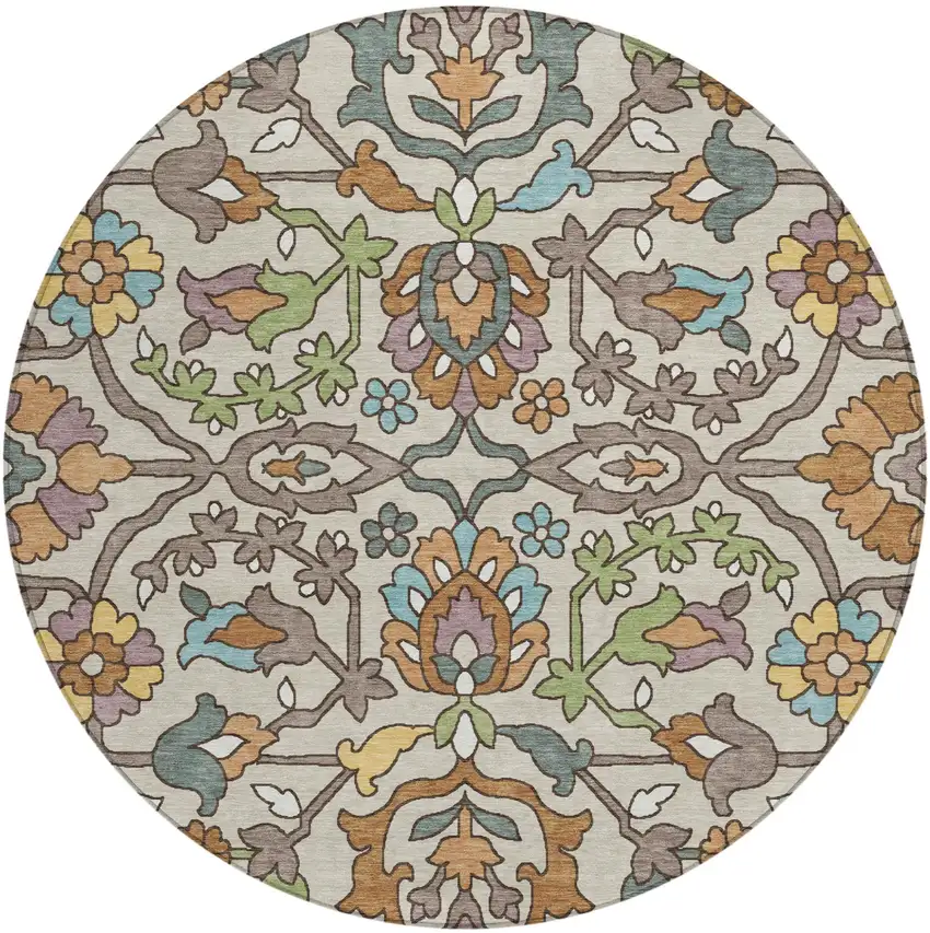 8' Beige And Orange Round Floral Washable Indoor Outdoor Area Rug Photo 1