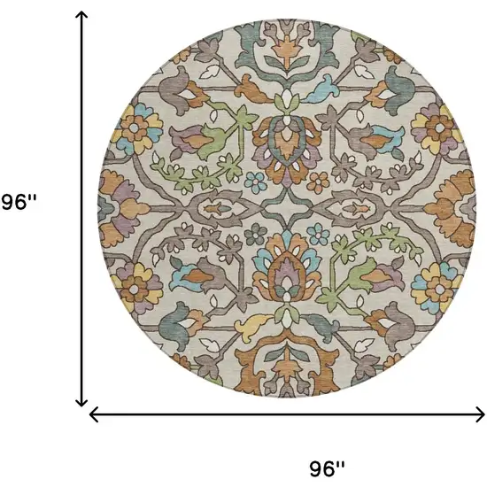 8' Beige And Orange Round Floral Washable Indoor Outdoor Area Rug Photo 6