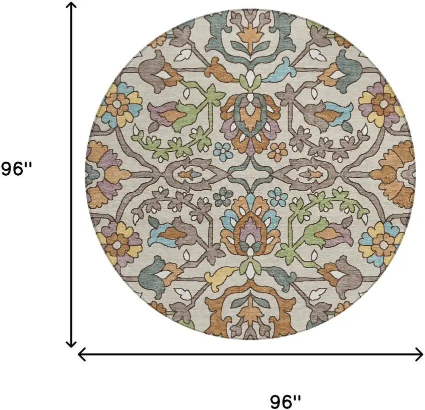 8' Beige And Orange Round Floral Washable Indoor Outdoor Area Rug Photo 6