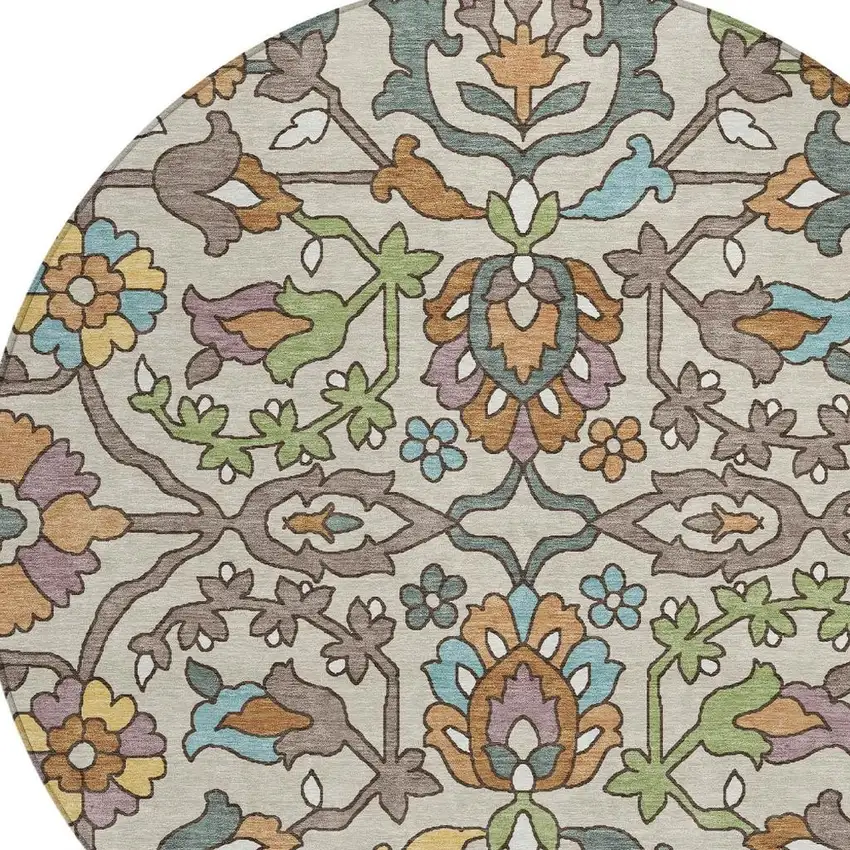 8' Beige And Orange Round Floral Washable Indoor Outdoor Area Rug Photo 2