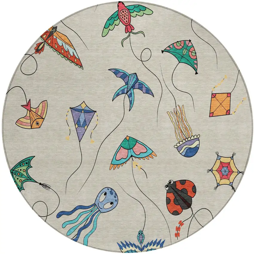 8' Beige And Orange Round Geometric Washable Indoor Outdoor Area Rug Photo 5