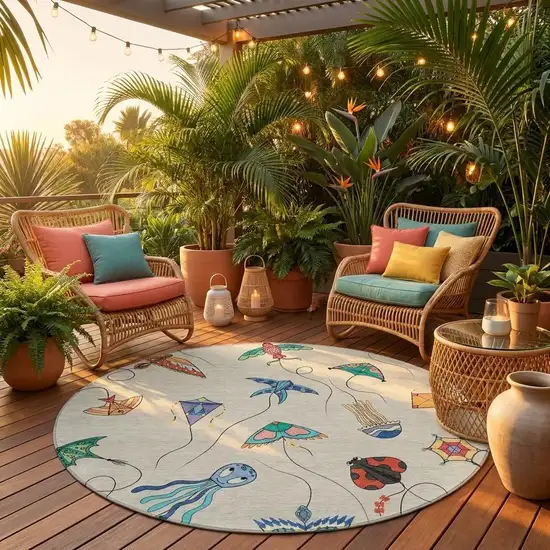 8' Beige And Orange Round Geometric Washable Indoor Outdoor Area Rug Photo 1