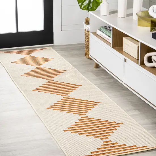8' Beige And Orange Striped Indoor Outdoor Runner Rug Photo 4