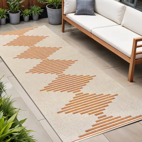 8' Beige And Orange Striped Indoor Outdoor Runner Rug Photo 1