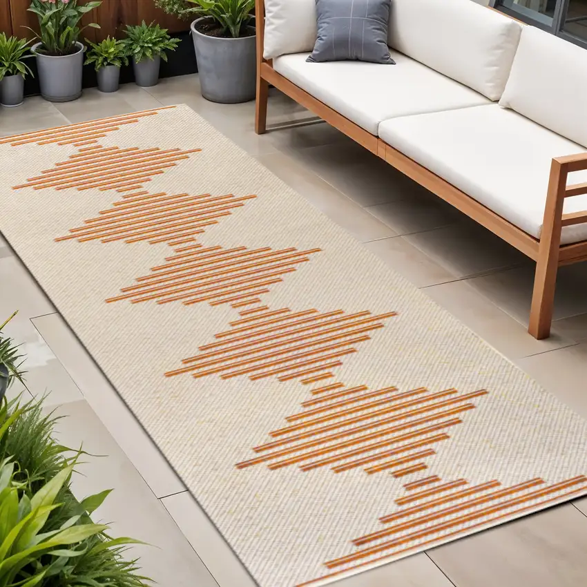 8' Beige And Orange Striped Indoor Outdoor Runner Rug Photo 1