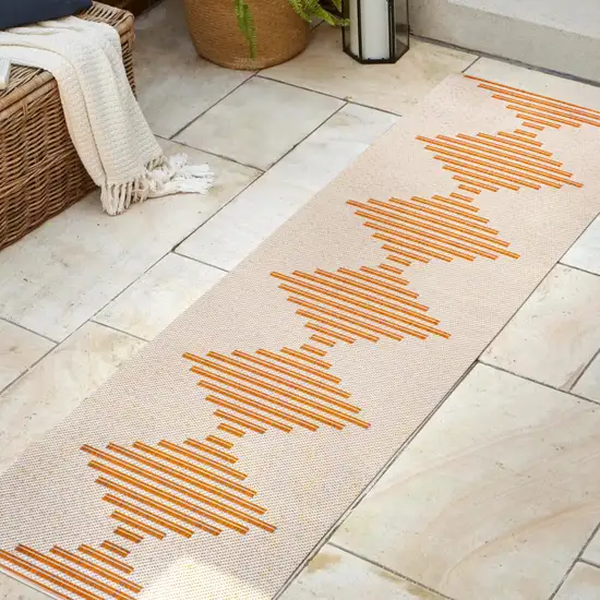 8' Beige And Orange Striped Indoor Outdoor Runner Rug Photo 5
