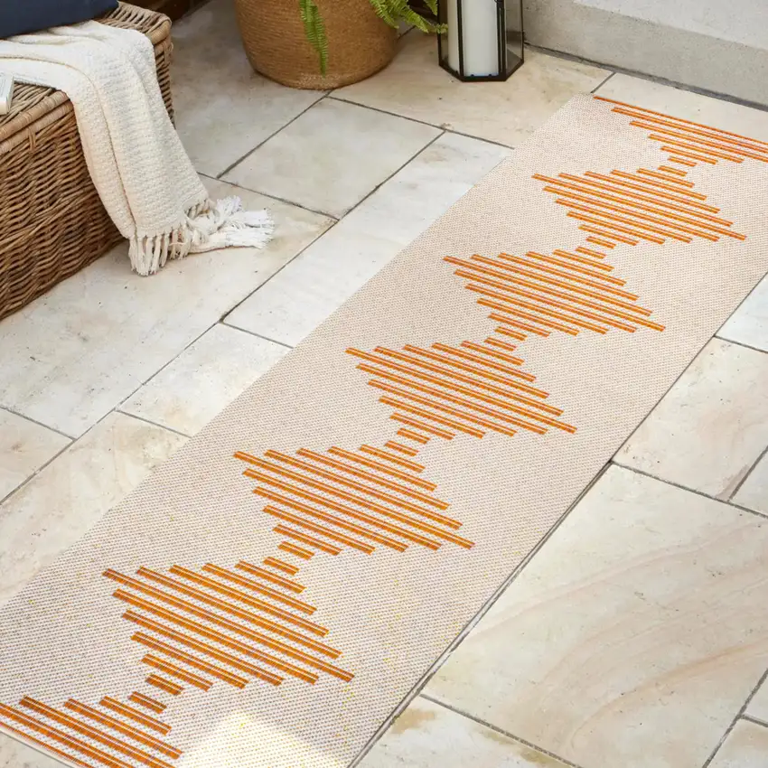 8' Beige And Orange Striped Indoor Outdoor Runner Rug Photo 5
