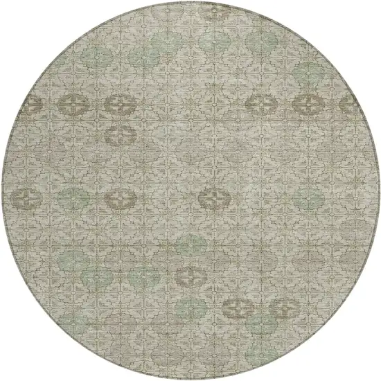 8' Beige And Pale Aqua Round Geometric Washable Indoor Outdoor Area Rug Photo 1