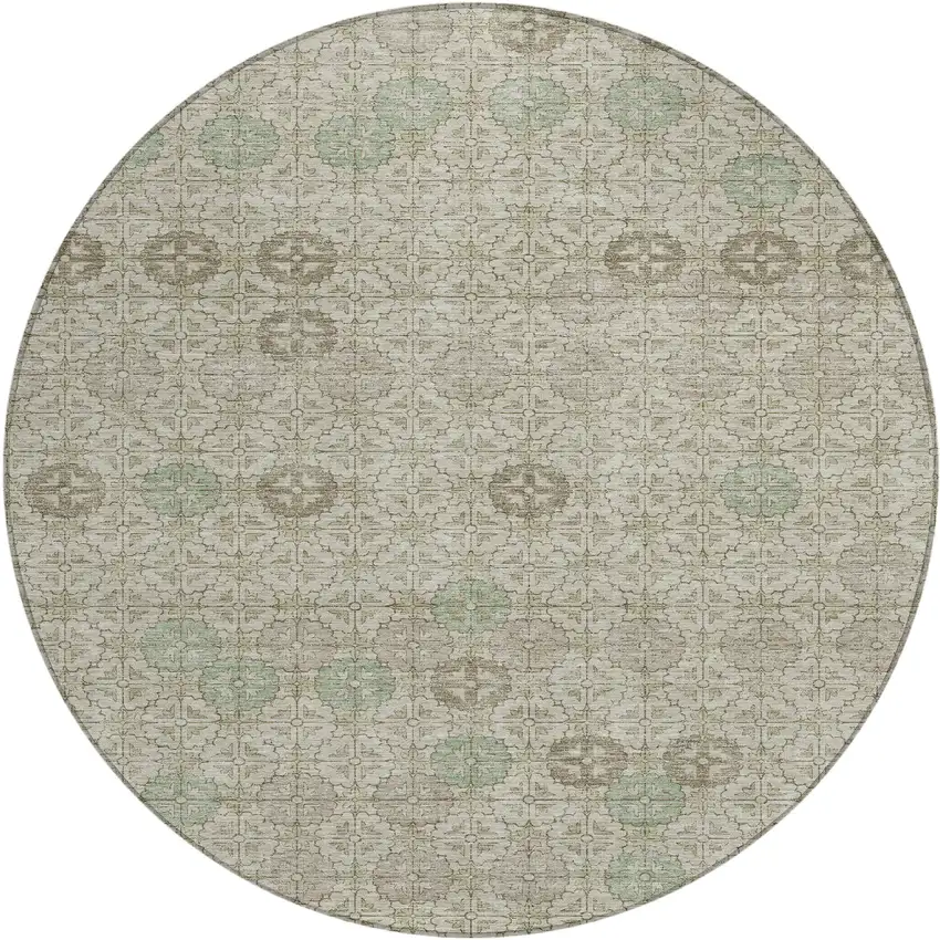 8' Beige And Pale Aqua Round Geometric Washable Indoor Outdoor Area Rug Photo 1
