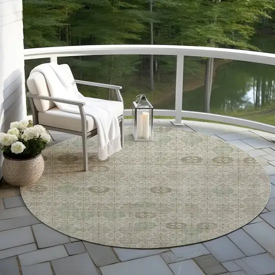 8' Beige And Pale Aqua Round Geometric Washable Indoor Outdoor Area Rug Photo 5