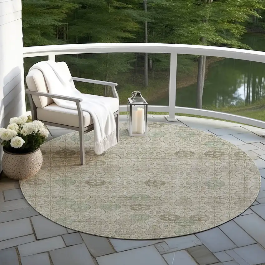 8' Beige And Pale Aqua Round Geometric Washable Indoor Outdoor Area Rug Photo 5
