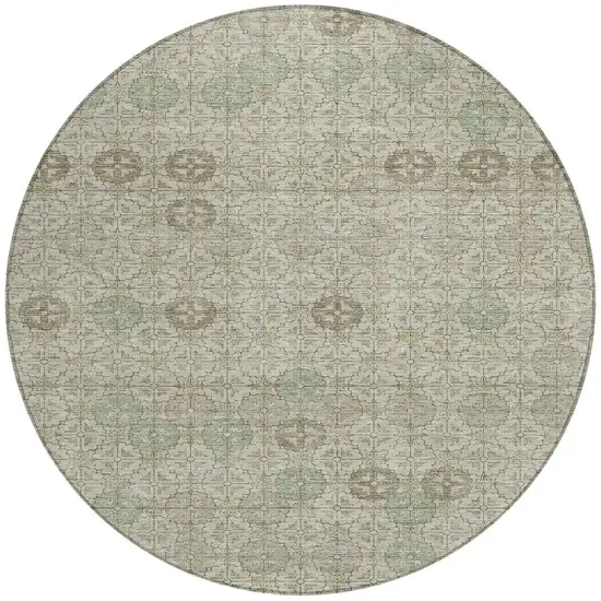 8' Beige And Pale Aqua Round Geometric Washable Indoor Outdoor Area Rug Photo 4