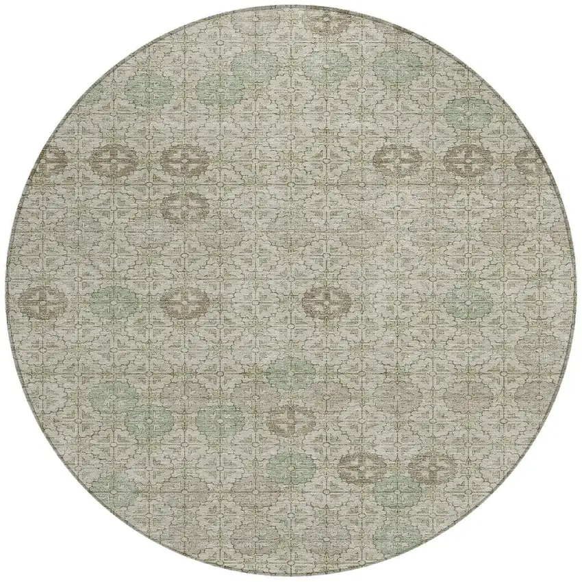 8' Beige And Pale Aqua Round Geometric Washable Indoor Outdoor Area Rug Photo 4