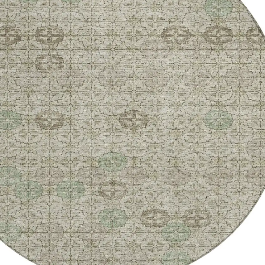 8' Beige And Pale Aqua Round Geometric Washable Indoor Outdoor Area Rug Photo 7