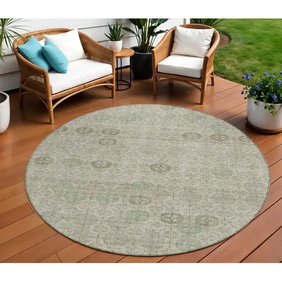 8' Beige And Pale Aqua Round Geometric Washable Indoor Outdoor Area Rug Photo 2
