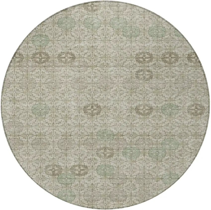 8' Beige And Pale Aqua Round Geometric Washable Indoor Outdoor Area Rug Photo 3