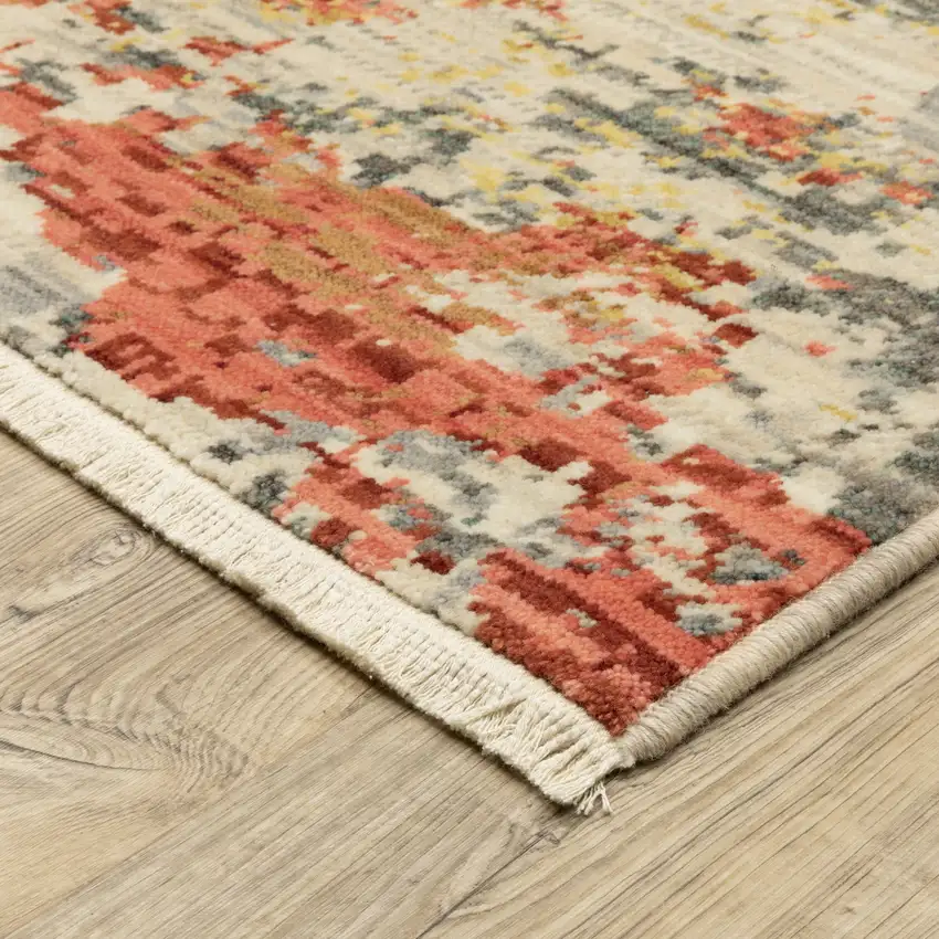 12' Beige And Pink Abstract Runner Rug With Fringe Photo 9