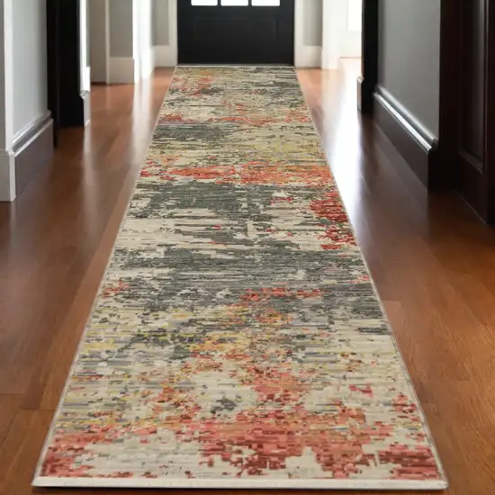 12' Beige And Pink Abstract Runner Rug With Fringe Photo 1