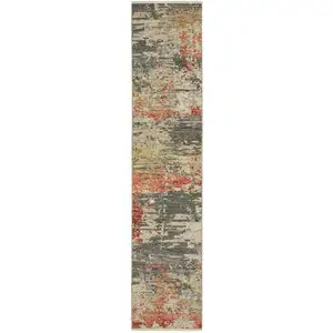 Photo of 12' Beige And Pink Abstract Runner Rug With Fringe