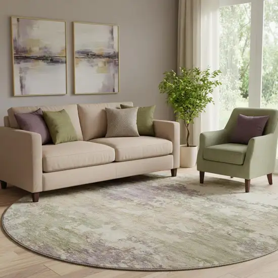 8' Beige And Purple Abstract Washable Round Rug With UV Protection Photo 2