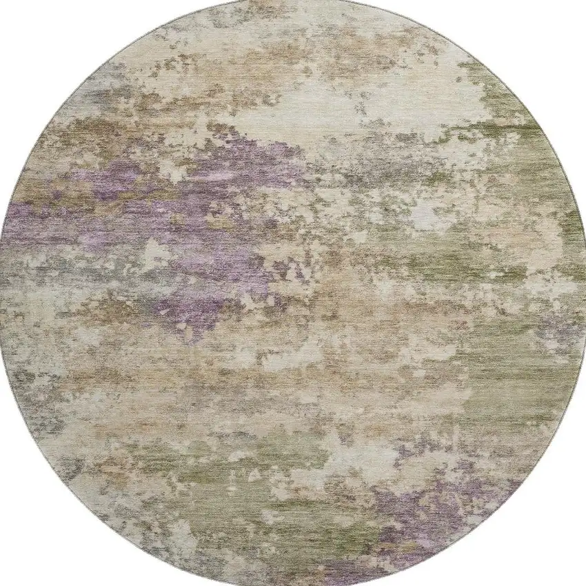8' Beige And Purple Abstract Washable Round Rug With UV Protection Photo 4