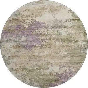 Photo of 8' Beige And Purple Abstract Washable Round Rug With UV Protection