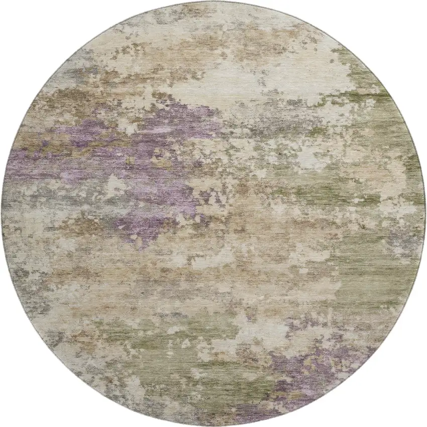 8' Beige And Purple Abstract Washable Round Rug With UV Protection Photo 1