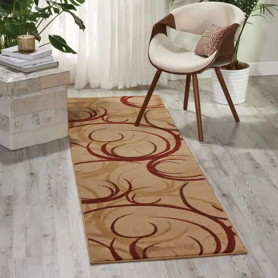 8' Beige And Red Abstract Non Skid Runner Rug Photo 5