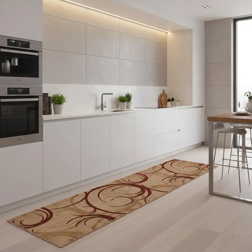 8' Beige And Red Abstract Non Skid Runner Rug Photo 1