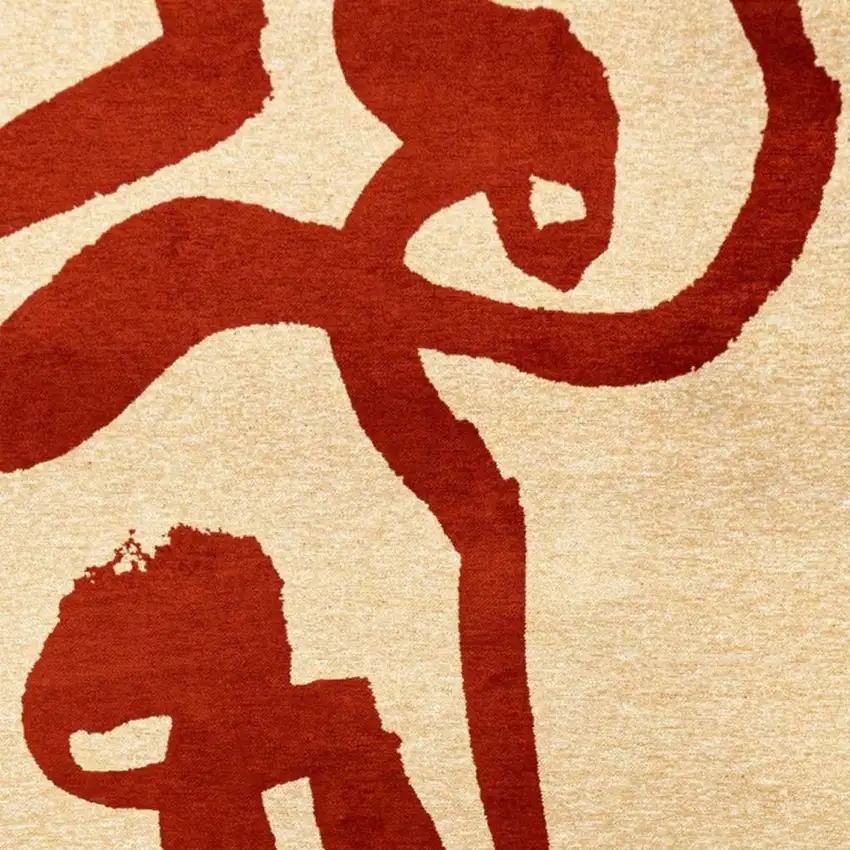 5' Beige And Red Abstract Washable Round Rug With UV Protection Photo 3