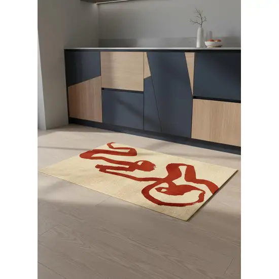 5' Beige And Red Abstract Washable Round Rug With UV Protection Photo 1