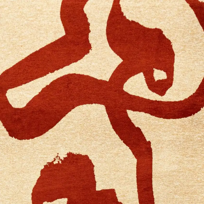 8' Beige And Red Abstract Washable Round Rug With UV Protection Photo 3