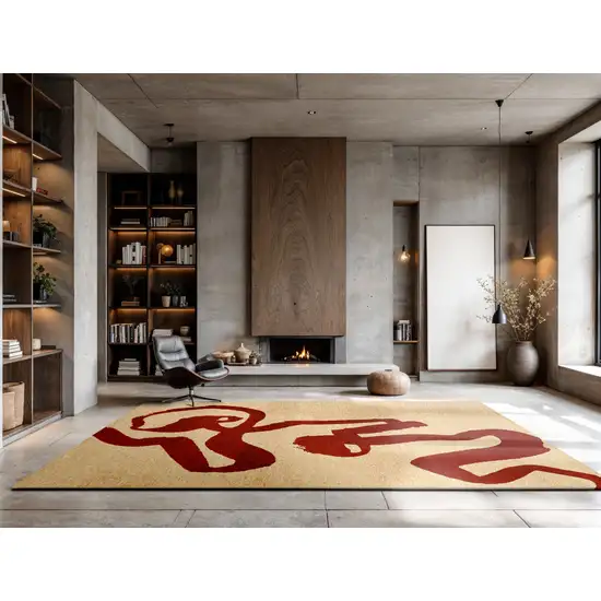 8' Beige And Red Abstract Washable Round Rug With UV Protection Photo 5