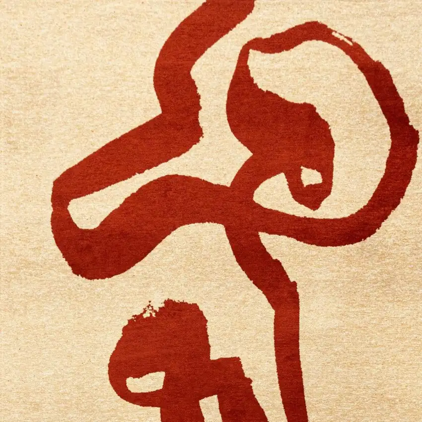 8' Beige And Red Abstract Washable Round Rug With UV Protection Photo 4