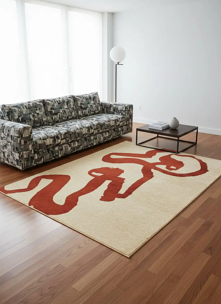 8' Beige And Red Abstract Washable Round Rug With UV Protection Photo 1