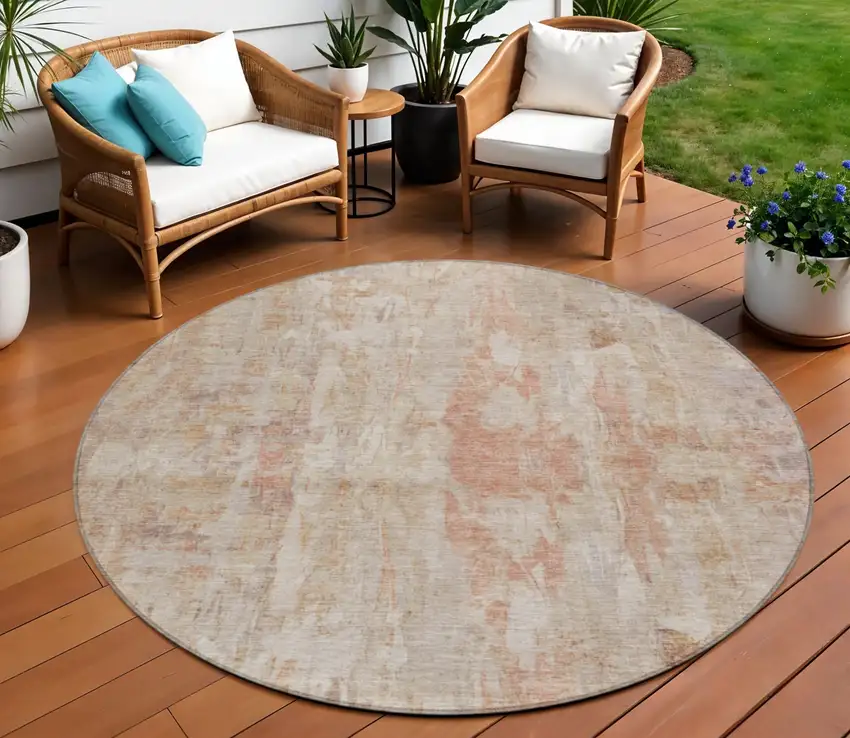 8' Beige And Salmon Round Abstract Washable Indoor Outdoor Area Rug Photo 6