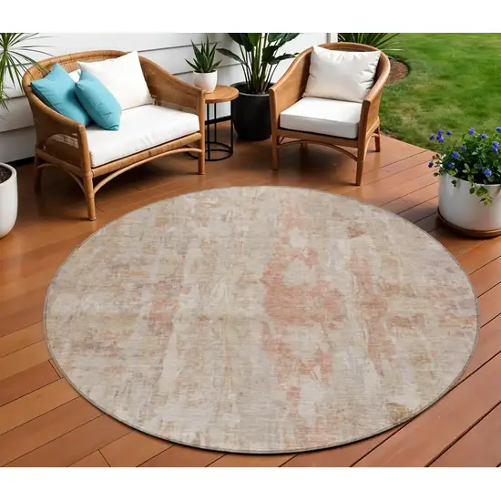 8' Beige And Salmon Round Abstract Washable Indoor Outdoor Area Rug Photo 6