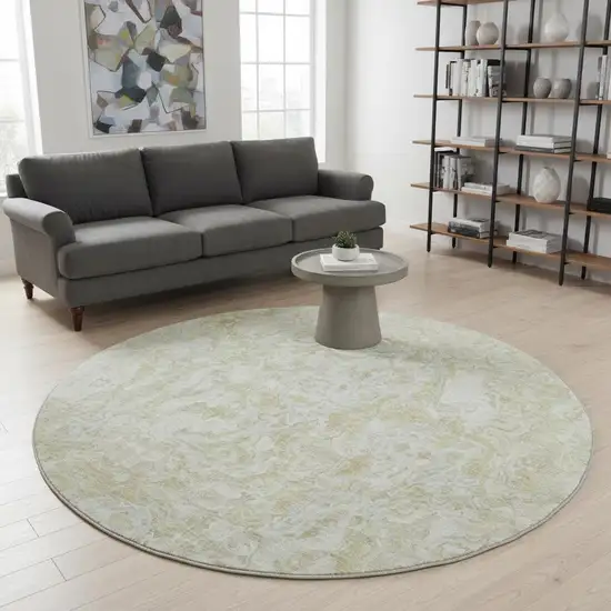 8' Beige And Silver Abstract Washable Round Rug With UV Protection Photo 2