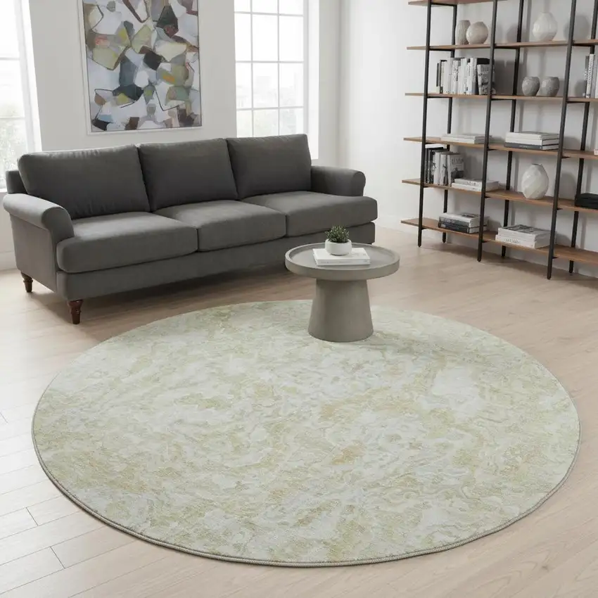 8' Beige And Silver Abstract Washable Round Rug With UV Protection Photo 2