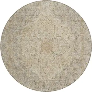 Photo of 8' Beige And Silver Round Oriental Washable Indoor Outdoor Area Rug